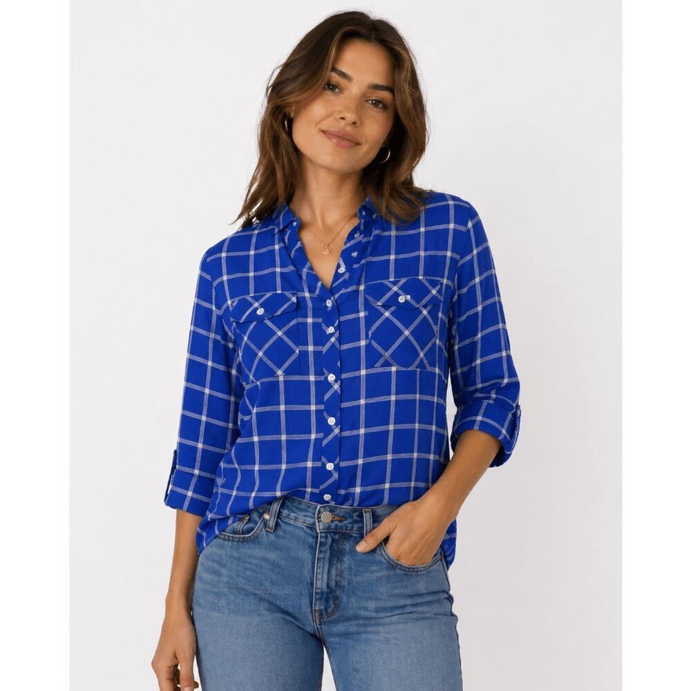 NY Collection Women's Blue Petite 3/4 Sleeve Roll Tab Y Neck Blouse PL
